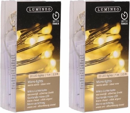 2x Timer draadverlichting zilver 20 warm witte lampjes - 95 cm - Microverlichting warm wit lichtsnoer