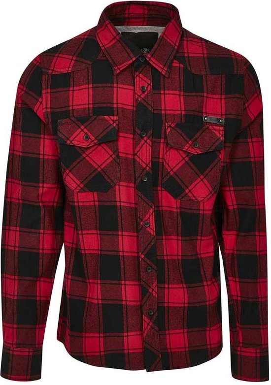 Rood met zwart geruit flanellen overhemd met twee borstzakken, opgestikte details en knoopsluiting.