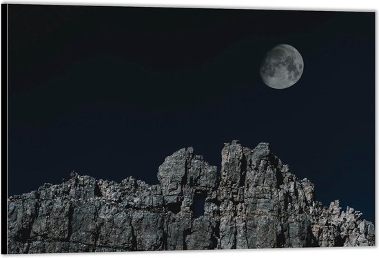 Dibond –Maan boven Rotsen– 40x30 Foto op Aluminium (Wanddecoratie van metaal)