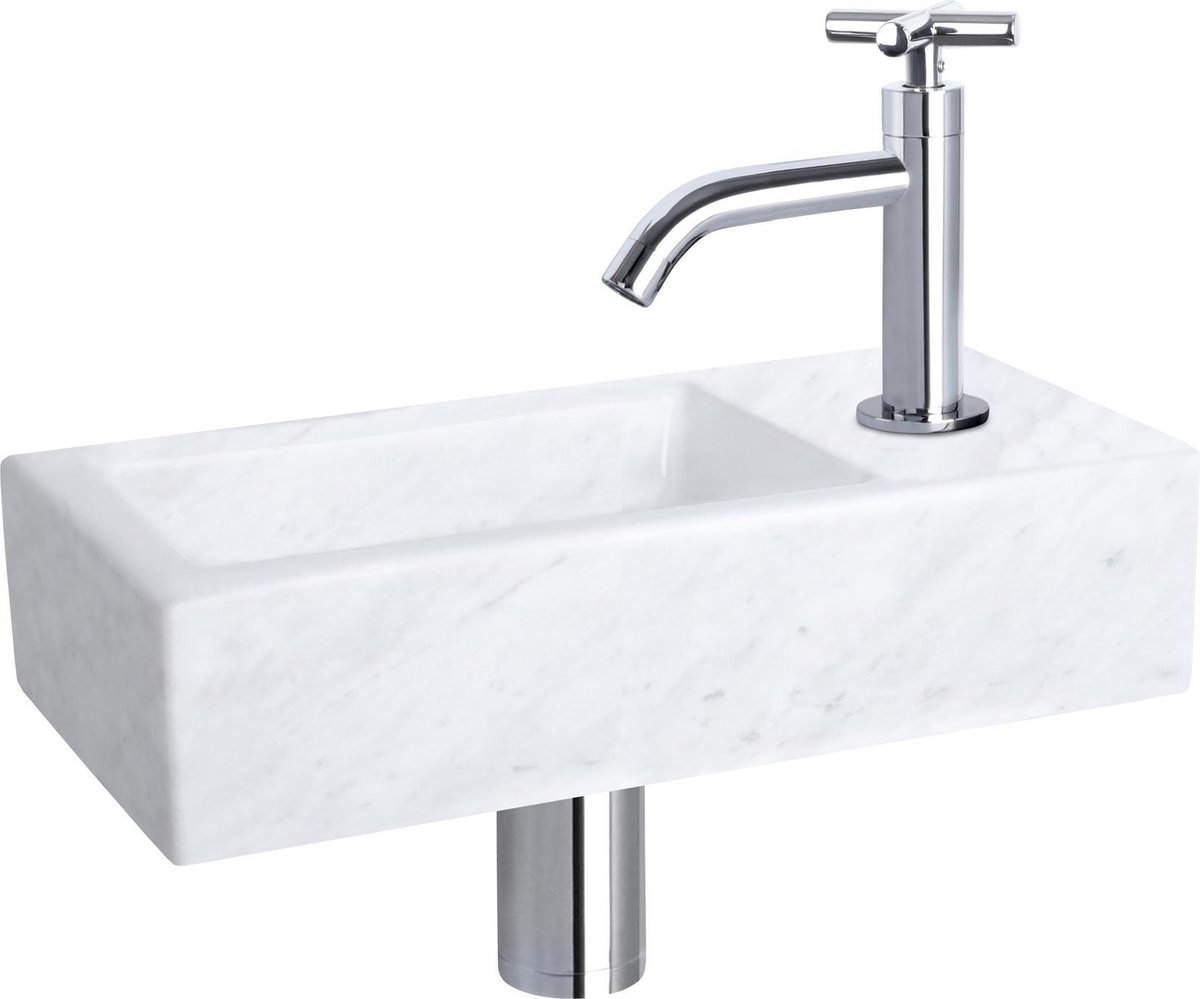 Differnz Helios fonteinset - 37.5x18.5x9.5cm - Rechthoek - 1 kraangat - Gebogen chromen kraan - kruisgreep - Mineraalsteen Marmer