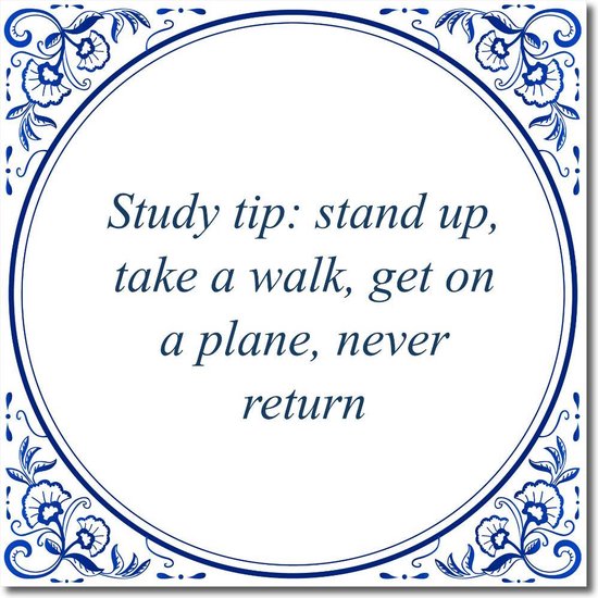 Foto: Tegeltje met hangertje study tip stand up take a walk get on a plane never return
