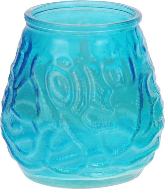 4x Windlicht geurkaars citronella tegen muggen blauw glas - Geurkaarsen citrus geur - Glazen lantaarn - Anti-muggen citronella