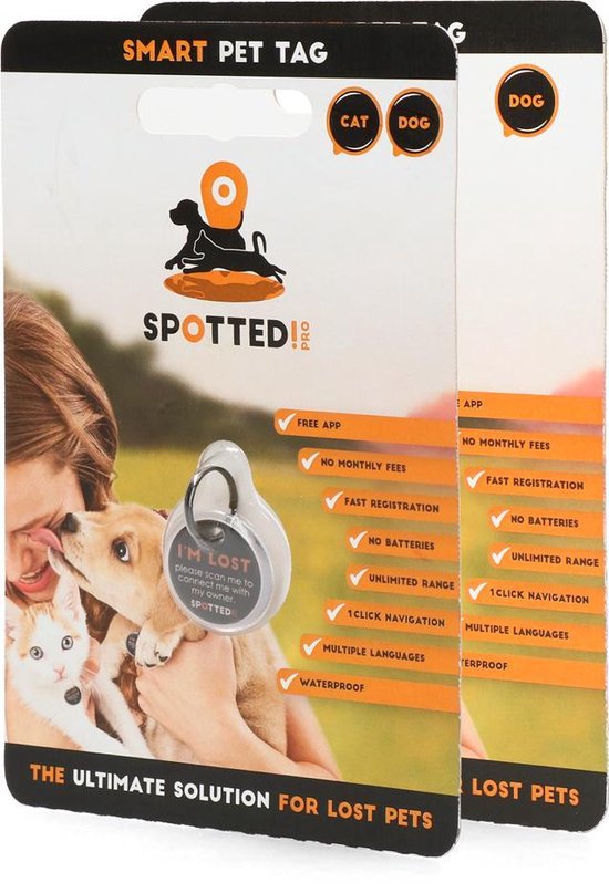 Spotted! Pro Smart Pet Tag – Dierenpenning – QR code – NFC chip – Voor honden – Medium – Ø3.4cm – Zilver