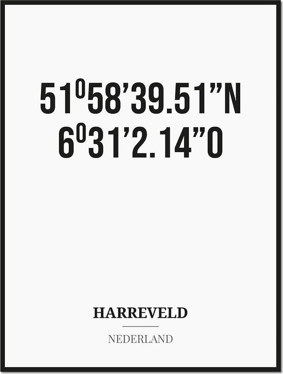 Studio216 Poster/kaart HARREVELD met coördinaten zwart, wit