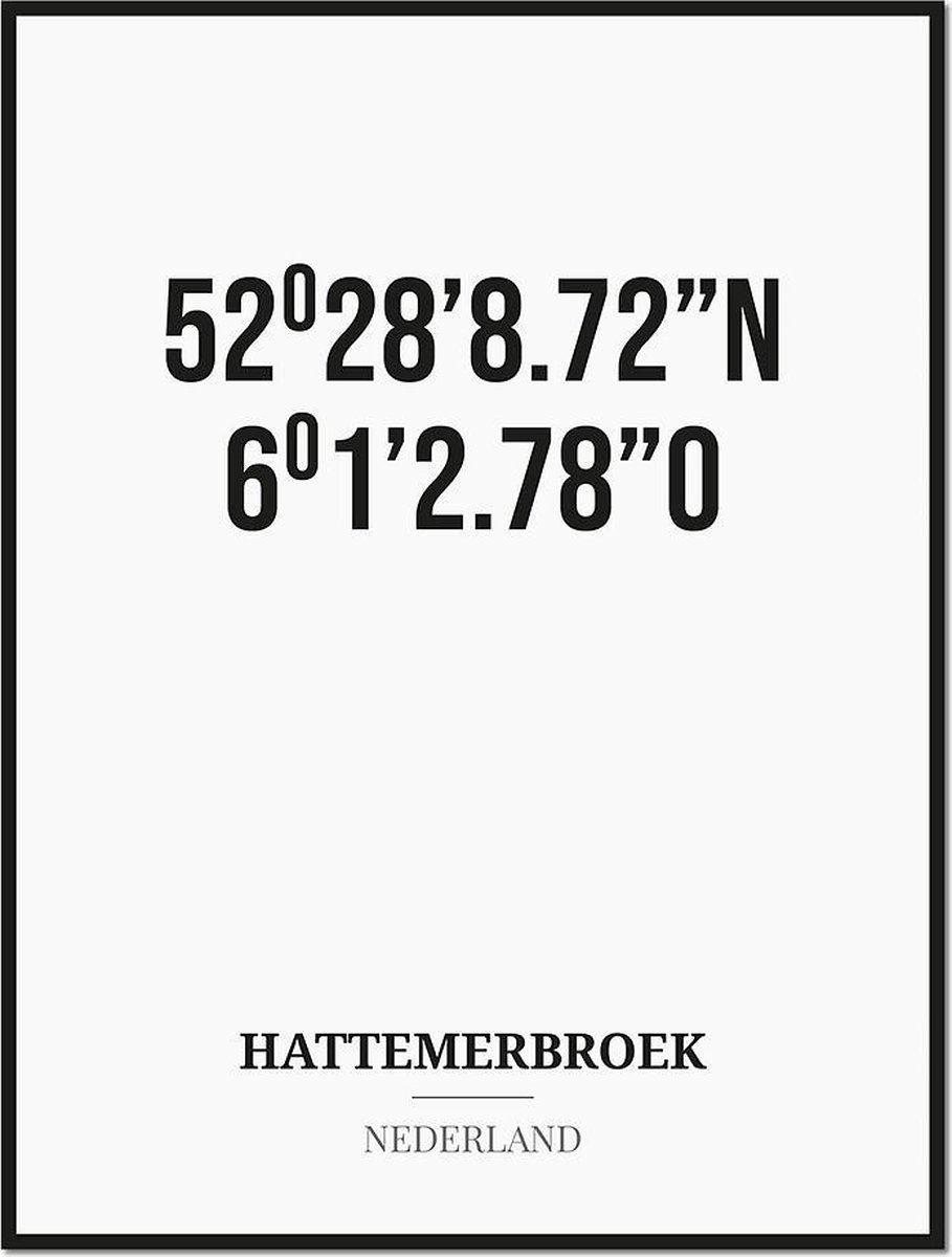Studio216 Poster/kaart HATTEMERBROEK met coördinaten zwart, wit