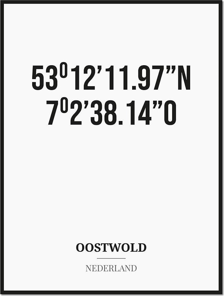 Studio216 Poster/kaart OOSTWOLD met coördinaten zwart, wit
