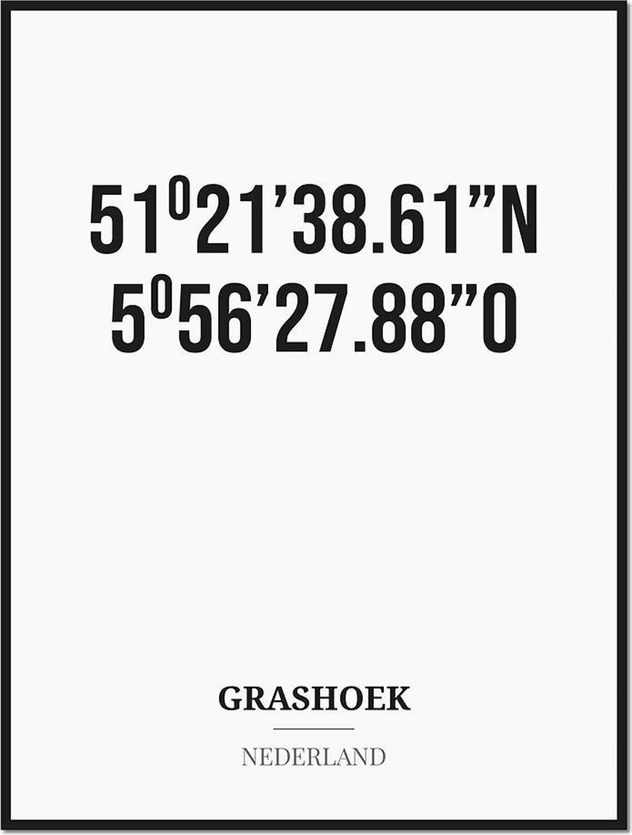 Studio216 Poster/kaart GRASHOEK met coördinaten zwart, wit