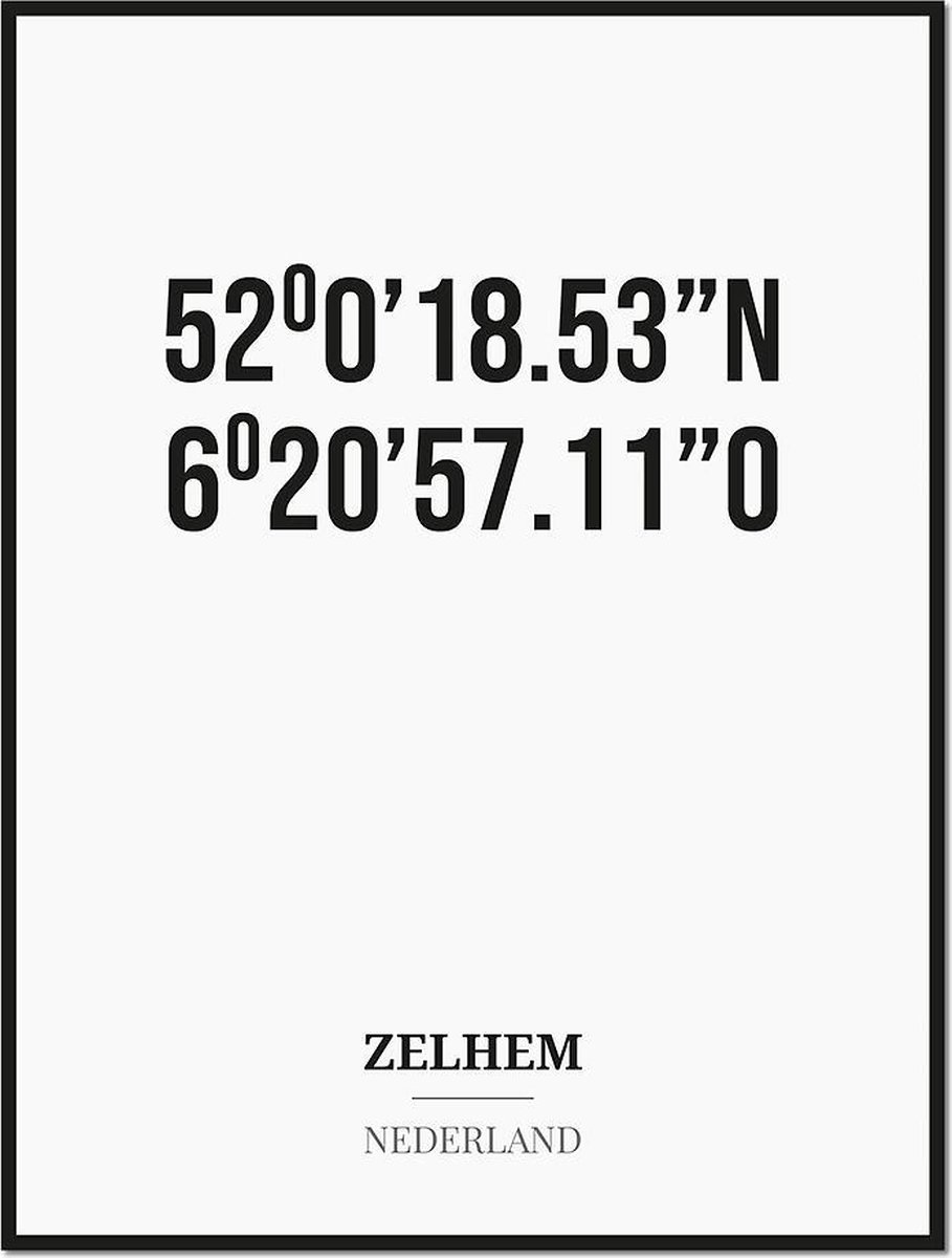 Studio216 Poster/kaart ZELHEM met coördinaten zwart, wit