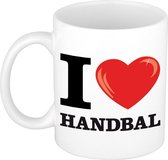 I love handbal wit met rood hartje koffiemok / beker 300 ml - keramiek - cadeau voor sport / handbal liefhebber