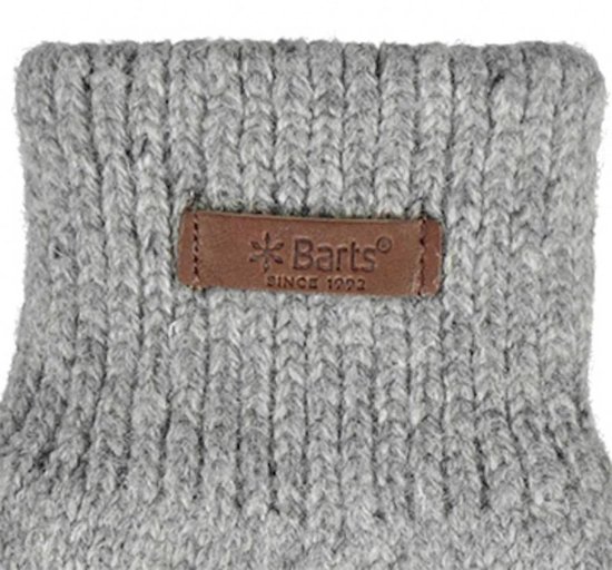 Leren label met 'Barts Since 1922' op grijze gebreide handschoen.