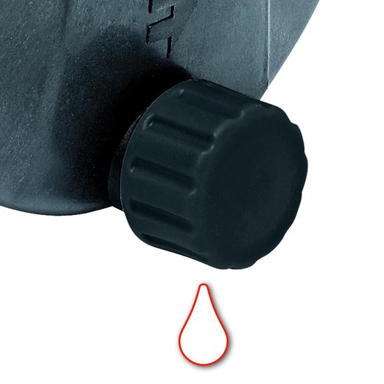 Zwarte draaiknop op een zwarte behuizing van een pomp, met een rode druppel eronder.
