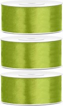 3x Hobby/decoratie lime groene satijnen sierlinten 2,5 cm/25 mm x 25 meter - Cadeaulinten satijnlinten/ribbons - Lime groene linten - Hobbymateriaal benodigdheden - Verpakkingsmaterialen