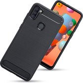 Samsung Galaxy M11 / A11 hoesje, Gel case geborsteld metaal en carbonlook, Zwart - GSM Hoesje / Telefoonhoesje Geschikt Voor: Samsung Galaxy A11; Samsung Galaxy M11