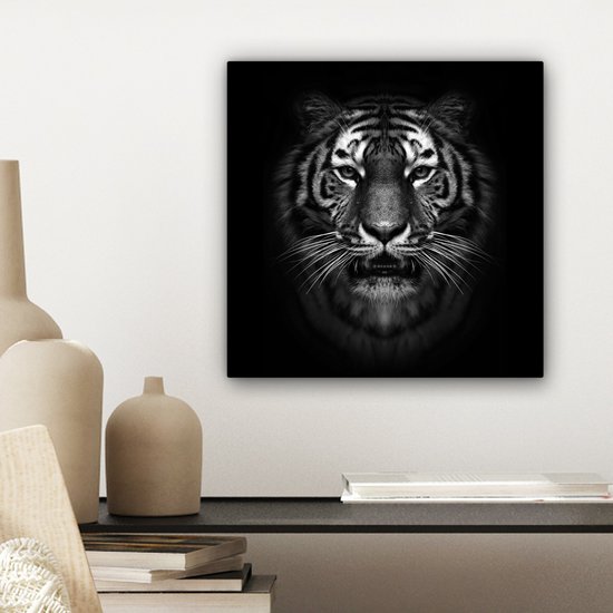 Toile - Animaux - Tigre - Nature - Zwart - Wit - Photo sur toile - 20x20 cm - Toile entoilée - Décoration de la maison