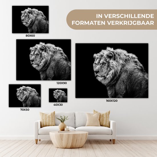 Tableau sur toile - Animaux sauvages - Lion - Zwart - Wit - Décoration murale - Toile - 80x60 cm - Toile canvas - Salon