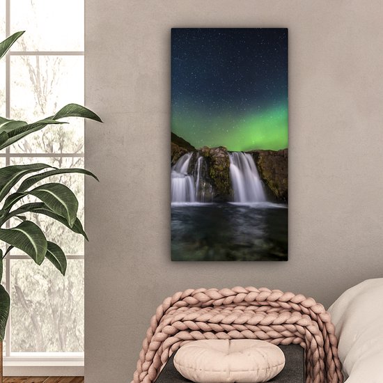 Tableau sur Toile Aurores Boréales - Cascade - Islande - 40x80 cm - Décoration murale