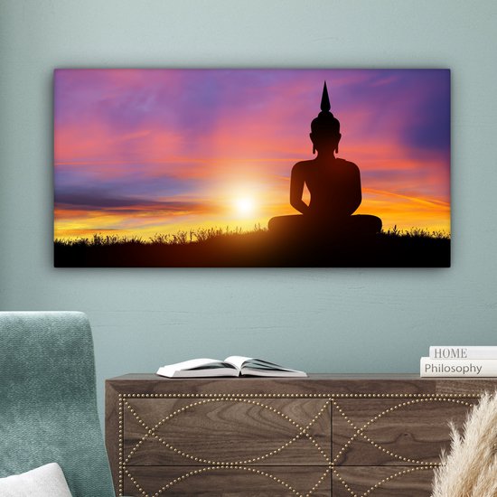 Toile - Statue de Bouddha - Silhouette - Coucher de soleil - Spirituel - Peintures salon - Peinture sur toile - Canvasdoek - 80x40 cm - Décoration murale