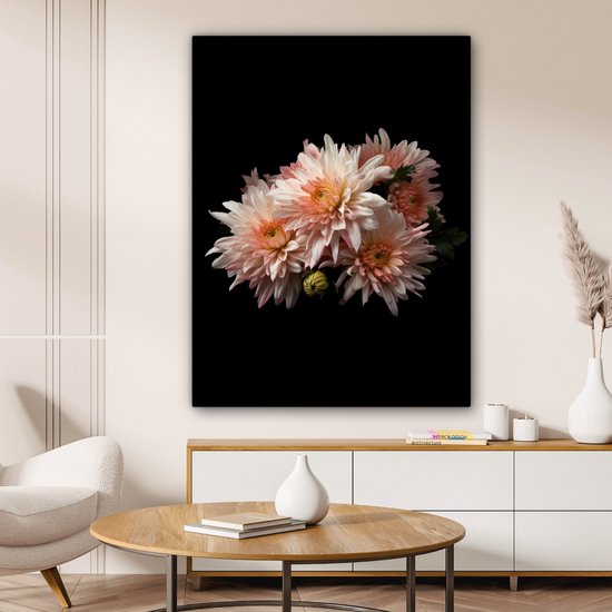 Tableau sur toile Chrysanthème - Fleurs - Wit - Nature - Zwart - 90x120 cm - Décoration murale