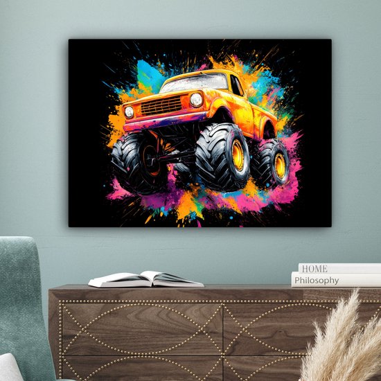 Canvas schilderij 80x60 cm - Wanddecoratie Graffiti - Auto - Monstertruck – Kleurrijk - Muurdecoratie woonkamer - Slaapkamer decoratie - Kamer accessoires - Schilderijen op canvas