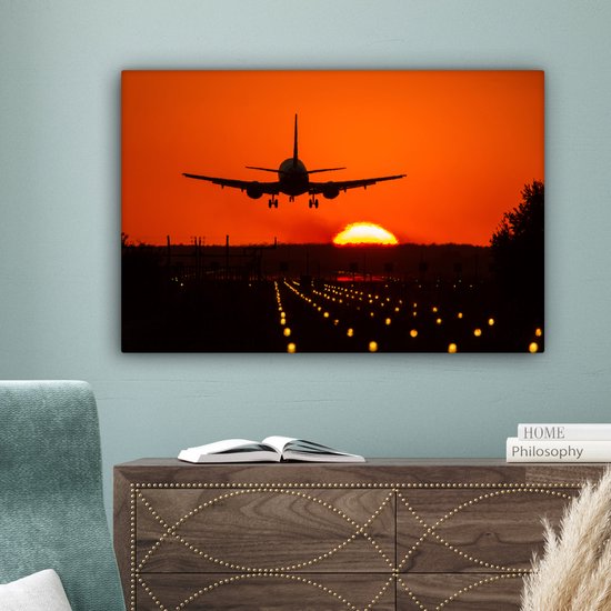 Canvas schilderij 90x60 cm - Wanddecoratie Zonsondergang - Vliegtuig - Oranje - Zon - Muurdecoratie woonkamer - Slaapkamer decoratie - Kamer accessoires - Schilderijen op canvas