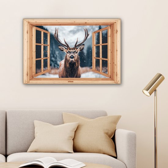 Tableau sur toile 90x60 cm - Décoration murale Vue - Cerf - Animaux - Paysage d'hiver - Neige - Décoration murale salon - Décoration chambre - Accessoires chambre - Peintures