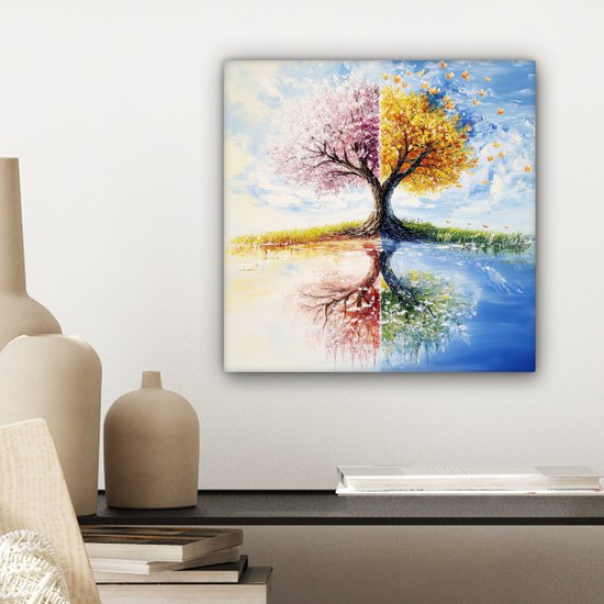 Tableau sur toile 20x20 cm - Décoration murale Arbre - Art - Saisons - Printemps - Automne - Décoration murale salon - Décoration chambre - Accessoires chambre - Peintures sur toile