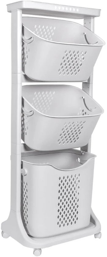 Panier à linge Eleganca 3 compartiments - Capacité 82 L - Trieur de linge - Paniers amovibles - Panier à linge sur Roues - Gain de place - L44 x P33 x H109 cm - Plastique - Wit cassé