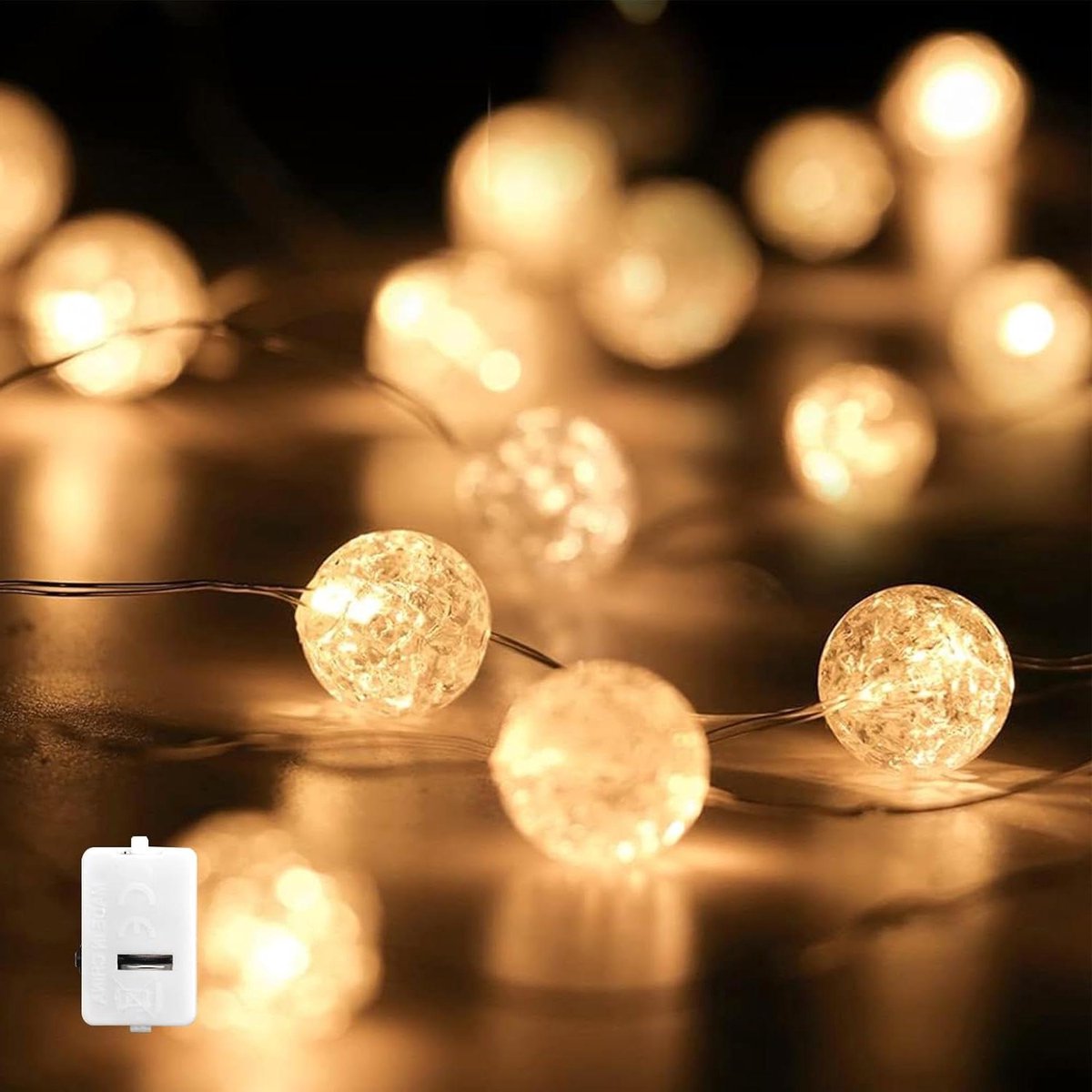LED Crackle balverlichting - 2 meter lengte - 20 warmwitte leds - op knoopcelbatterij - sfeervolle decoratie voor binnen en buiten