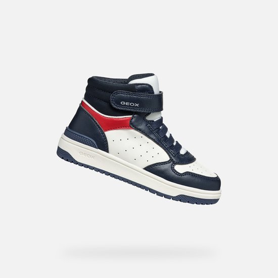 Sneaker haute GEOX bleu marine, blanc et rouge avec lacets et scratch, en lévitation.