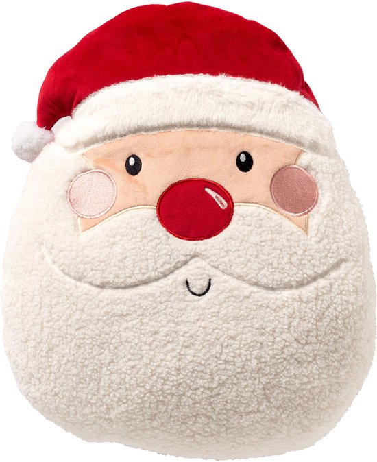 Kerstkussen met gezicht van de kerstman, rode neus en witte baard.
