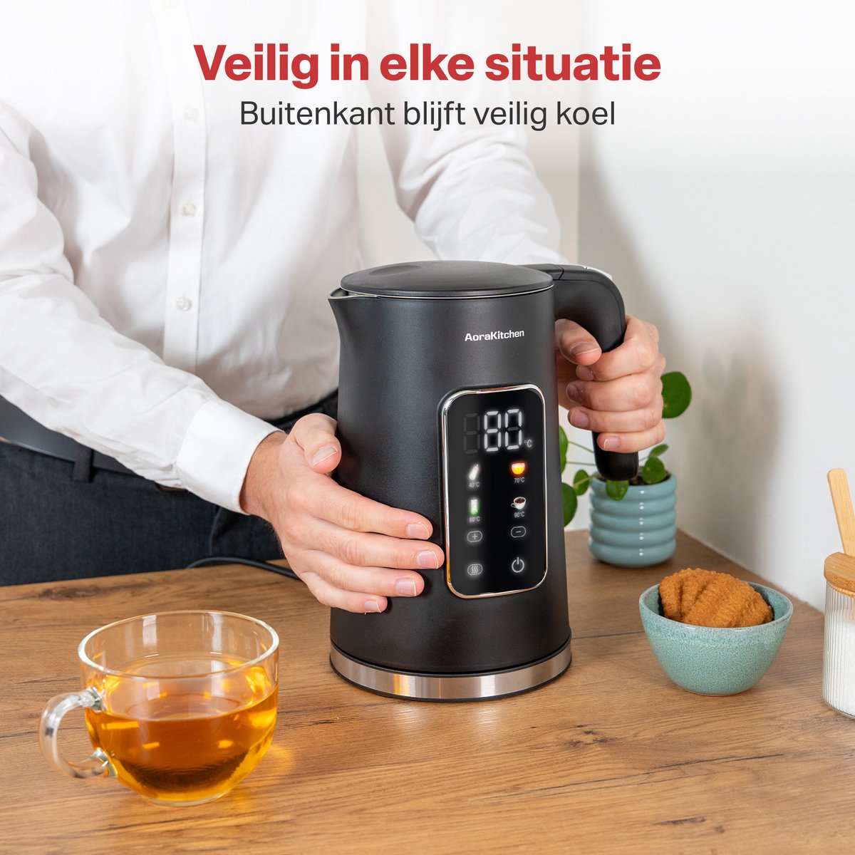 AoraKitchen Waterkoker - LED Touchscreen - Instelbare Temperatuurregeling - Waterkokers - 1.7L - Elektrisch - Cool Touch - Zwart — afbeelding 2