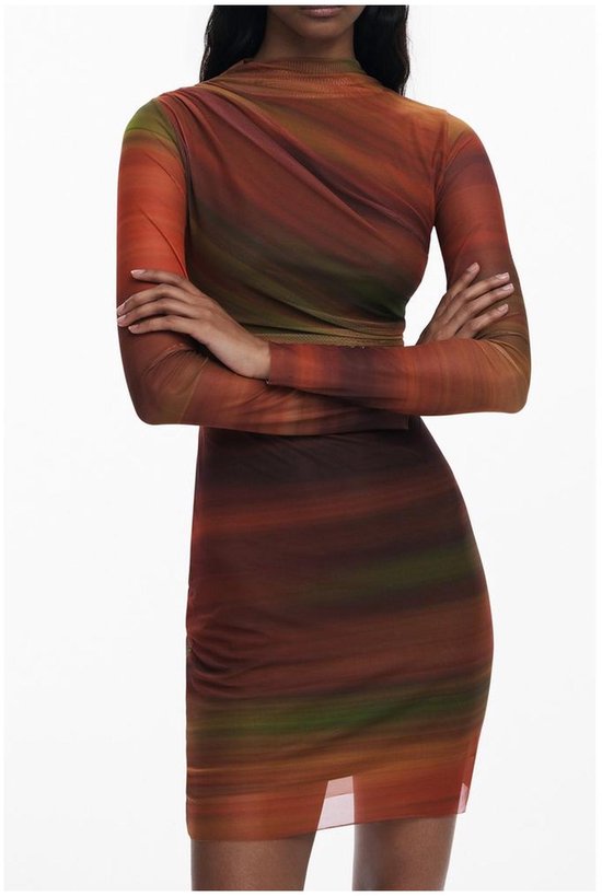 polyester-midi-dress-with-ruffled-detailing-wo-orange-dresses-bol