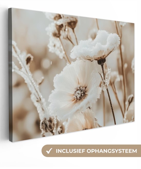 Canvas schilderij 160x120 cm - Wanddecoratie Bloemen - Winter - Wit - Sneeuw - Beige - Muurdecoratie woonkamer - Slaapkamer decoratie - Kamer accessoires - Schilderijen op canvas