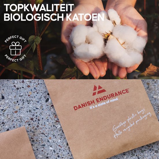 Bovenste deel: handen die biologisch katoen vasthouden. Onderste deel: bruine gerecyclede verpakking met "DANISH ENDURANCE" logo.