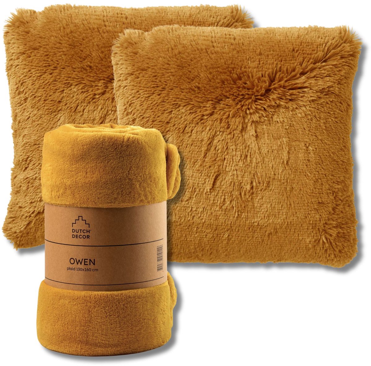 Dutch Decor VOORDEELSET - 3-delig - Fluffy & Owen - 2 sierkussens 45x45 cm - 1 plaid 130x160 cm - geel