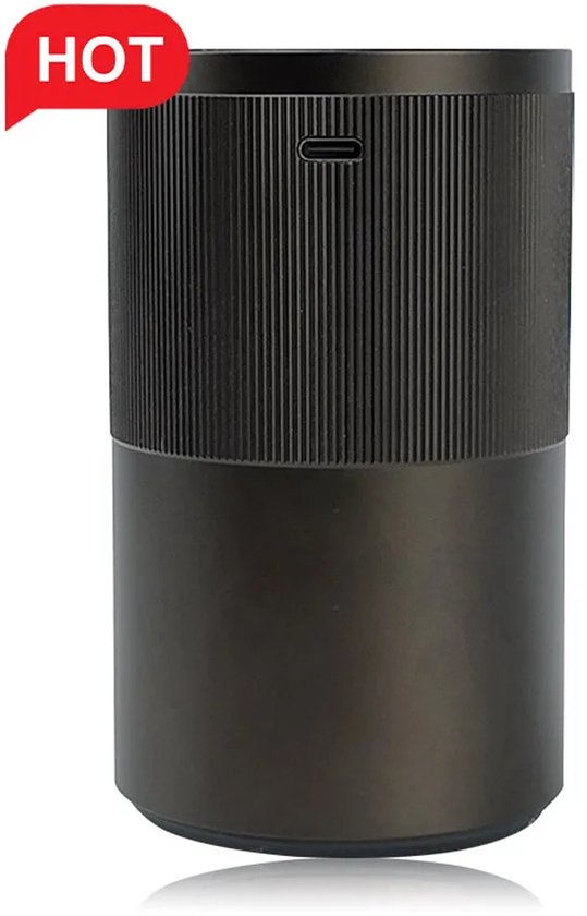 Donkere cilindrische diffuser met ribbelpatroon aan de bovenkant, met 'HOT'-label.