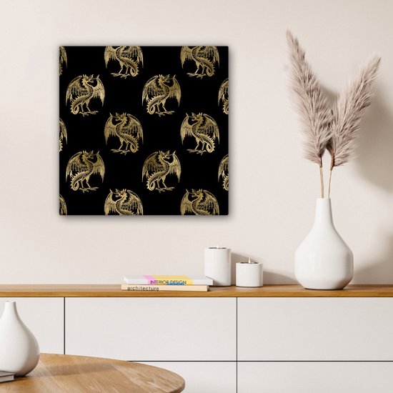 Toile Peinture Motifs - Dragon - Or - Zwart - 50x50 cm - Décoration murale