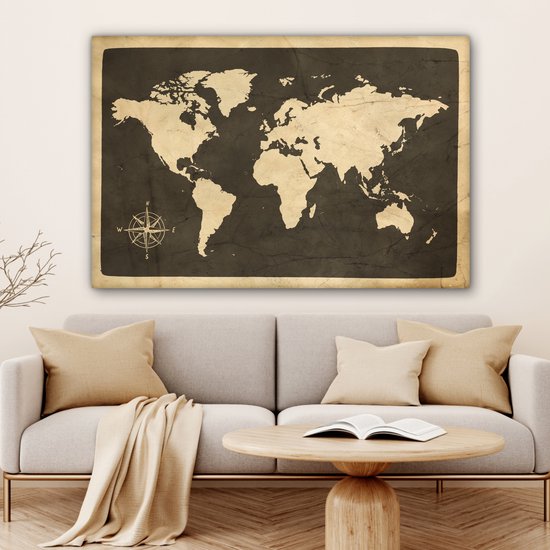 Peintures sur toile Wereldkaart - Rose des vents - Vintage - 150x100 cm - Décoration murale