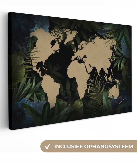 Carte du monde couleur sable sur fond noir, encadrée de feuilles et fleurs bleues 60x40 cm