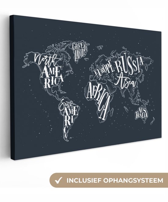 Peintures Toile Wereldkaart - Zwart - Wit - Lettres - 60x40 cm - Décoration murale