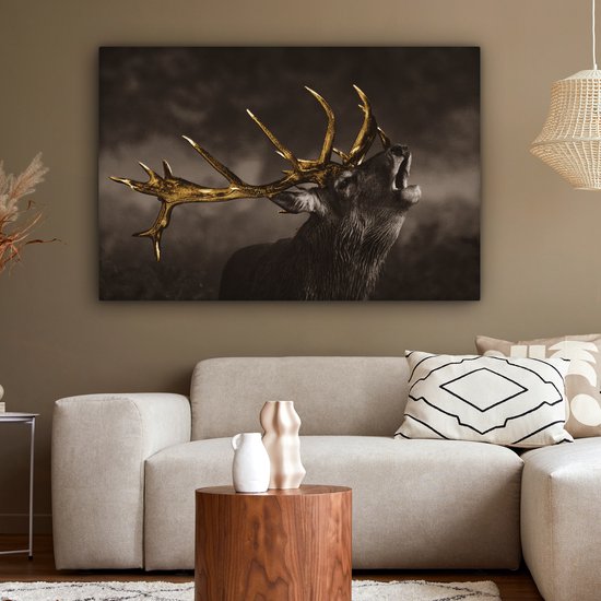 Toile Peinture Cerf - Noir - Or - 120x80 cm - Décoration murale