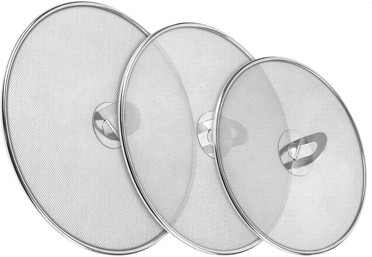RVS Antispatdeksel Set van 3 – Ø20 / Ø25 / Ø30 cm – Spatdeksel voor Pan – Fijne Antispat Zeef – Vetbeschermer voor Bakken & Braden – Vaatwasserbestendig – Universeel Formaat