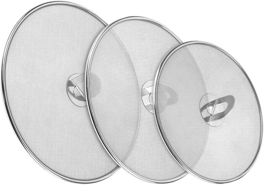 RVS Antispatdeksel Set van 3 – Ø20 / Ø25 / Ø30 cm – Spatdeksel voor Pan – Fijne Antispat Zeef – Vetbeschermer voor Bakken & Braden – Vaatwasserbestendig – Universeel Formaat