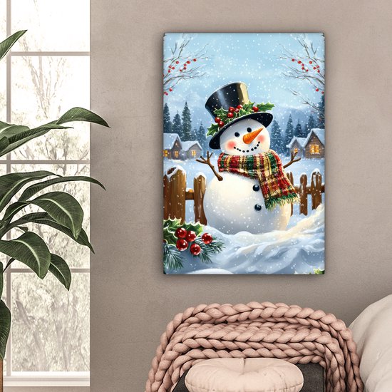 Tableau sur toile 60x90 cm - Décoration murale exclusive Bonhomme de neige - Village d'hiver - Coloré - Décoration murale salon - Décoration chambre - Accessoires de chambre - Peintures sur toile