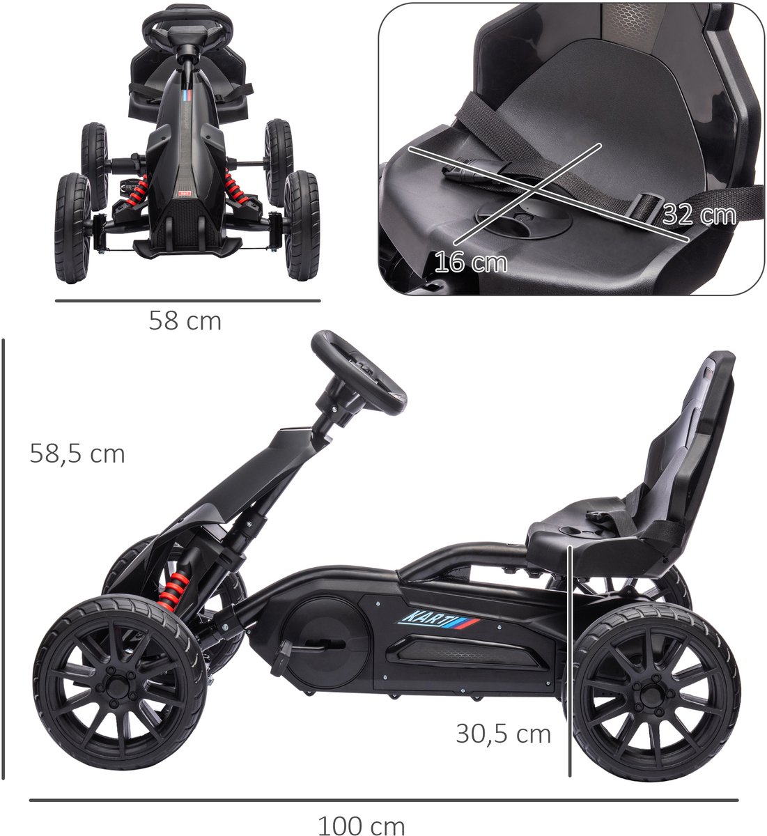 HOMCOM Trapauto Go-Kart Kunststof, Metaal 100L x 58B x 58,5H cm Zwart — afbeelding 7