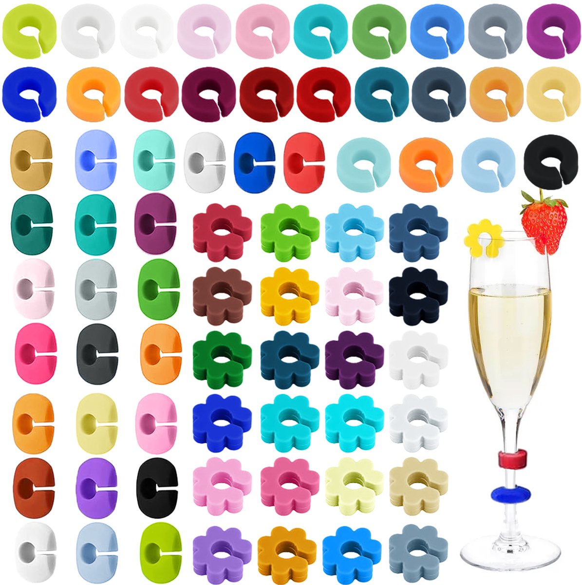Mmgoqqt - 72 Stuks Glasmarkeringen - Herbruikbaar, Omdraaibaar Silicone Wijnglas Markers - Kleurrijk - Voor Wijnglazen, Flessen, Cups, Barfeest Decoratie