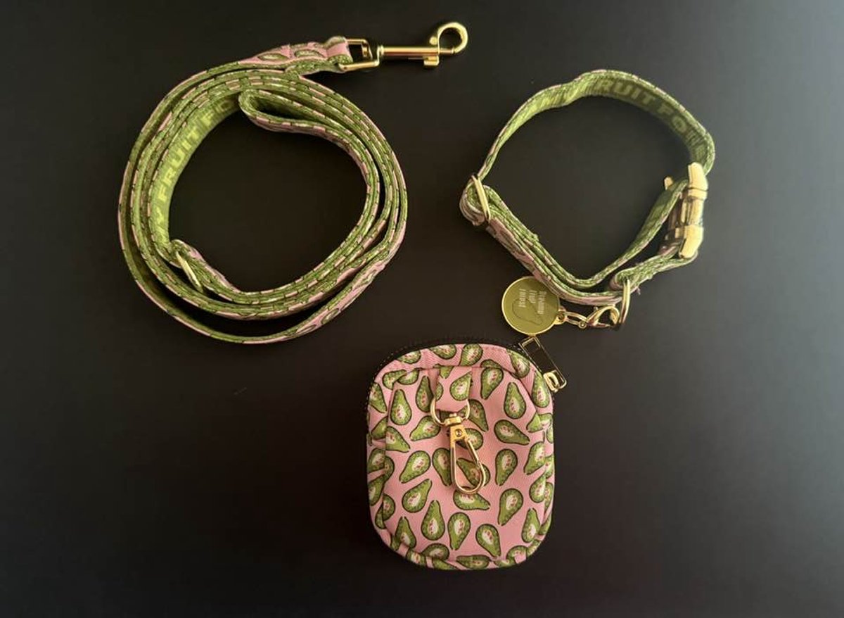 Halsband set 4-delig voor hond – roze hondenhalsband met avocado’s - L - halsomvang 38-63 cm - breedte 2,5 cm - metalen goudkleurige accessoires - dubbelzijdig bedrukt - halsband, riem, bijpassende sleutelhanger en poepzakjeshouder