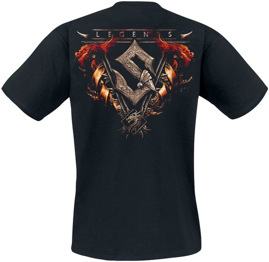Zwarte t-shirt met opdruk van 'Legends', twee drakenkoppen en een sabel.