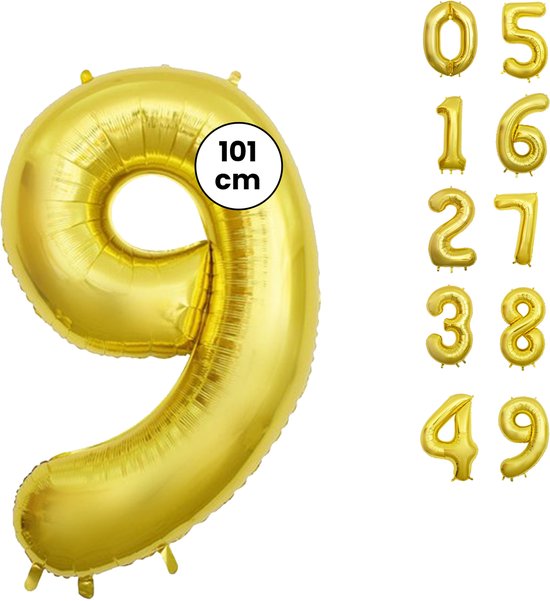 Ballons Chiffres - Chiffre 9 - Couleur Or - 102 cm - XXL Groot - Ballon Hélium - Fienosa