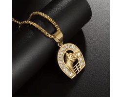 Ketting met paard en hoefijzer - Goudkleurige paarden bedel met glitter en 60 cm ketting - Hanger paardenhoofd, hoefijzer en hek met ketting - Bedel 25 x 45 mm